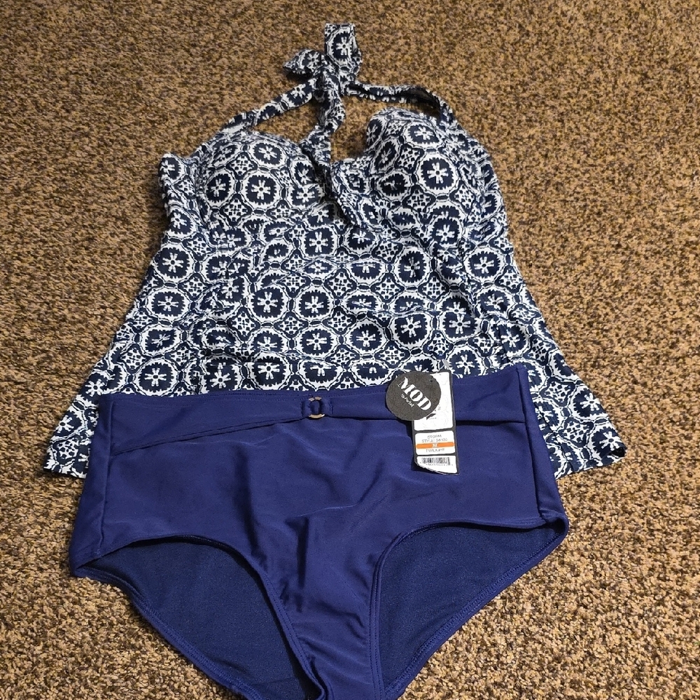 Blue and White Patterned Swimsuit
